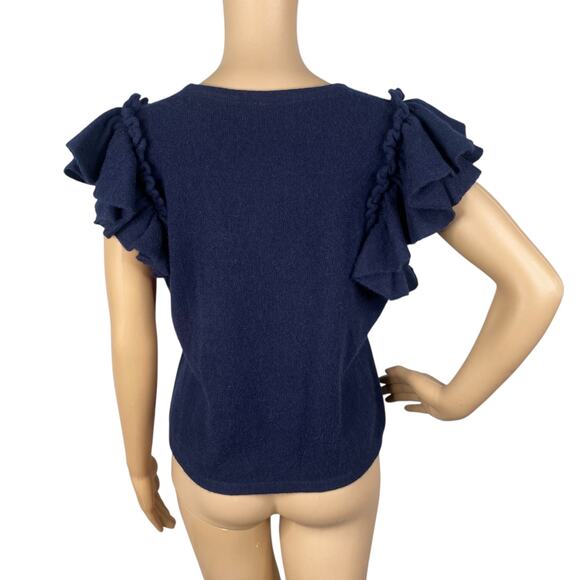 Filoro 100% Cashmere Navy Blue Crew Neck Flutter Sleeve Sweater Knit Top SZ M - Picture 6 of 7